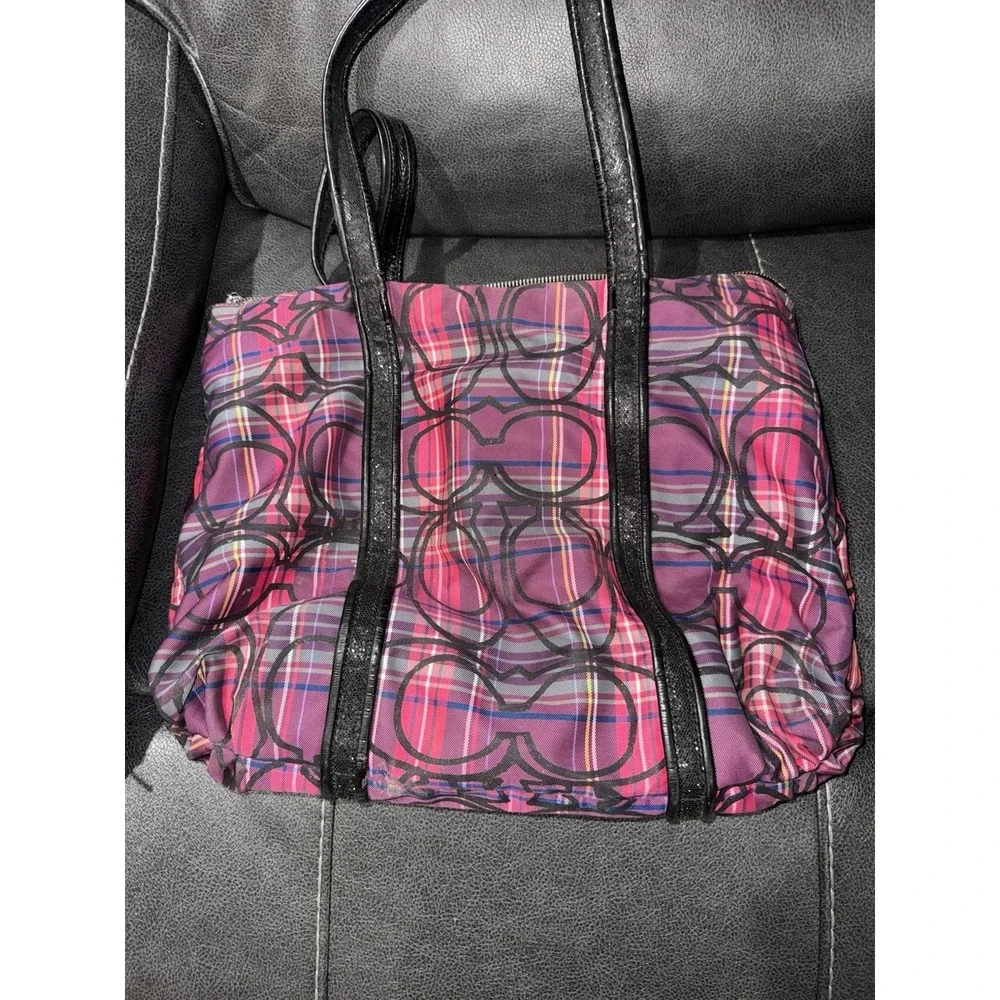 Coach Poppy Plaid Tote Pink Purple Black Zip Silver Hardware Pockets USED!!